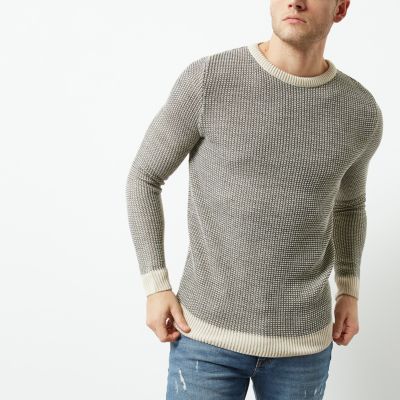 Grey and cream textured knit slim fit jumper